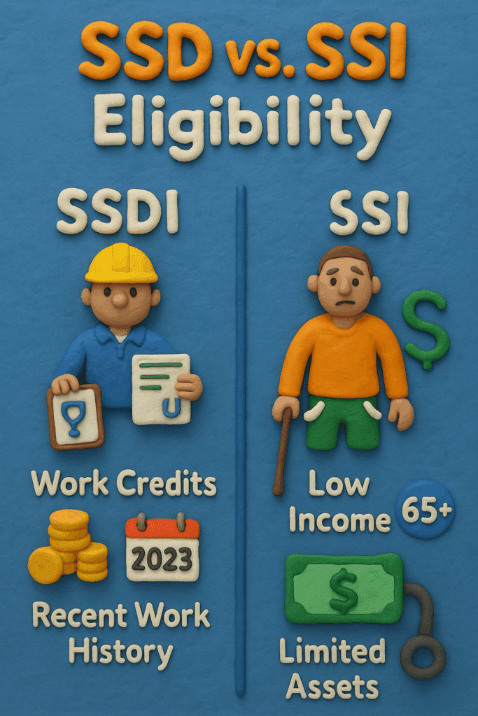 Claymation infographic showing SSDI and SSI eligibility side-by-side. SSDI panel features a worker with a hard hat, paycheck, calendar, and stethoscope icon labeled “Work Credits” and “Recent Work History.” SSI panel shows a person with empty pockets, cane, dollar sign with slash, and “65+” age icon labeled “Low Income” and “Limited Assets.”
