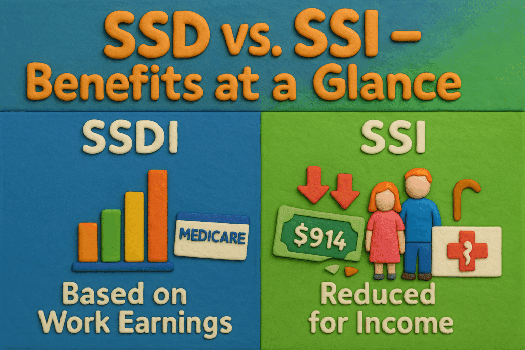 Claymation infographic comparing SSDI and SSI benefits. SSDI side in blue displays a rising bar graph, Medicare card, and family figures with text “Based on Work Earnings.” SSI side in green shows a flat $914 bill with red arrows and Medicaid symbol, labeled “Reduced for Income.”