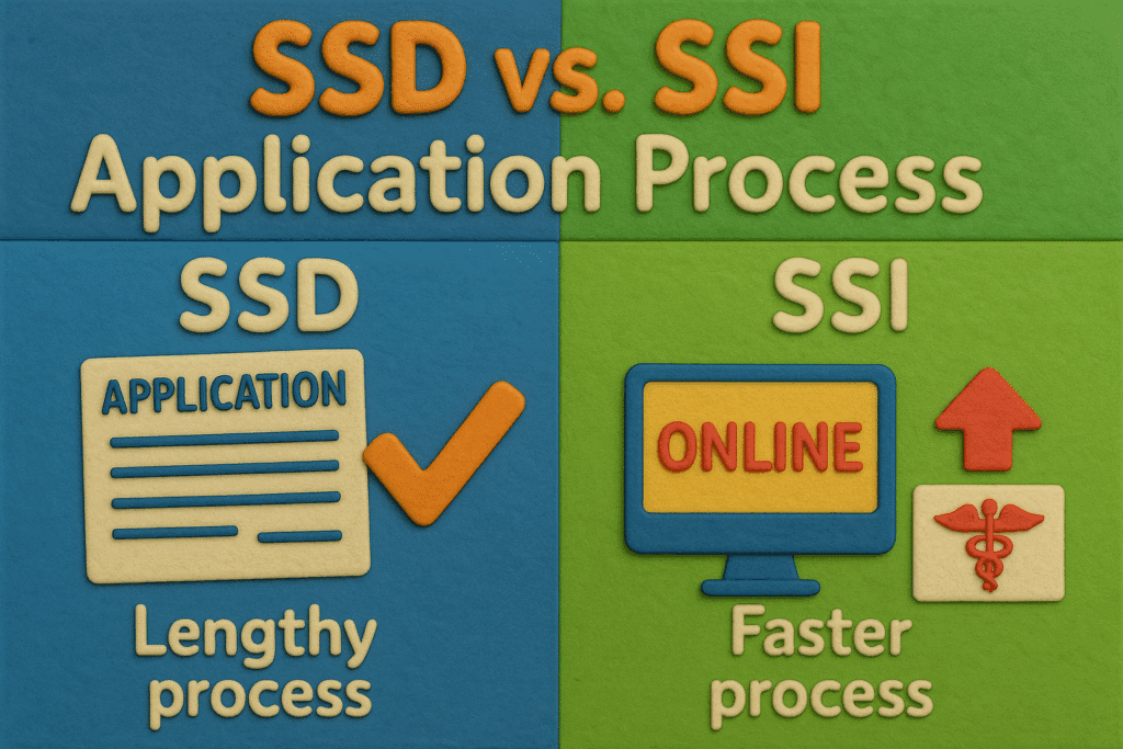 Claymation infographic illustrating the SSDI and SSI application process. SSDI track in blue shows an application form and checkmark labeled “Lengthy process.” SSI track in green shows an online application screen, Medicaid symbol, and upward arrow labeled “Faster process.”