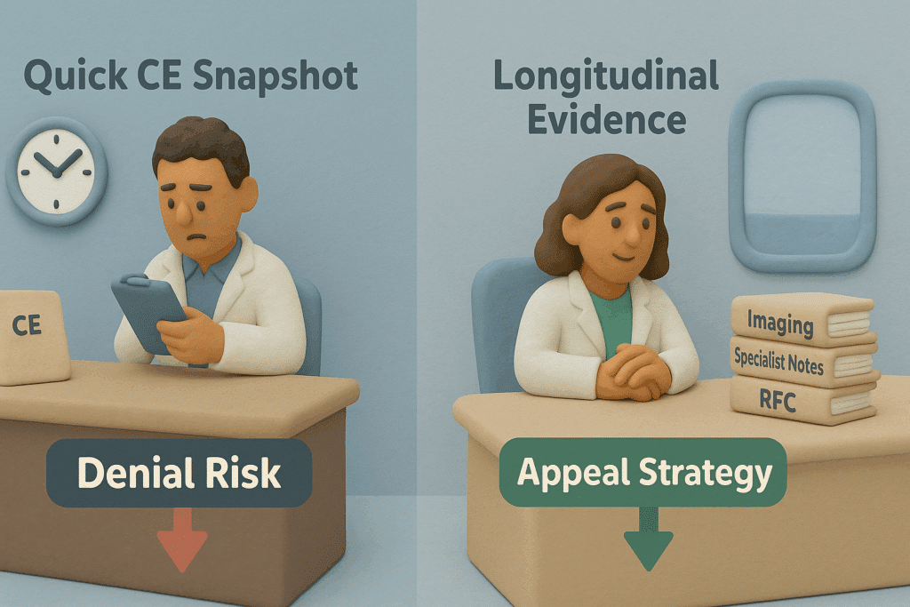 Split-screen claymation showing a rushed CE on the left versus thorough treatment evidence on the right.