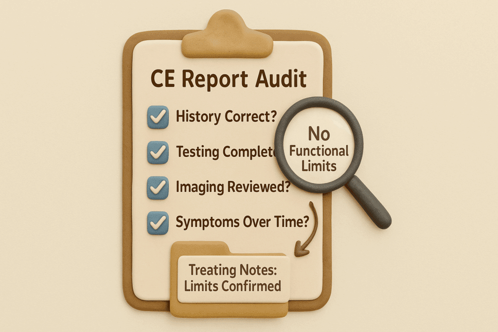 Claymation clipboard with a four-part checklist highlighting how to audit a CE report.